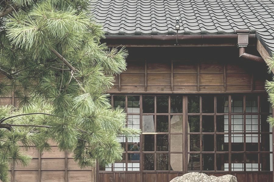 松の木の向こうに見える、木造の家の格子窓と瓦屋根